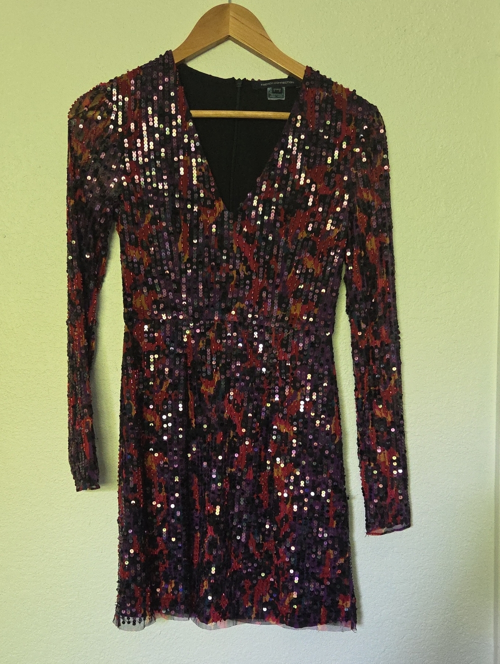 French Connection Multicolor Sequin Long-Sleeve V-Neck Dress